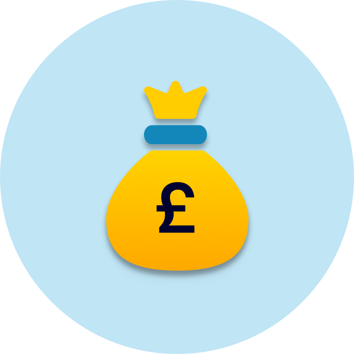 Money bag with a pound sign on it in a blue circle. Money bag with a pound sign on it in a blue circle.