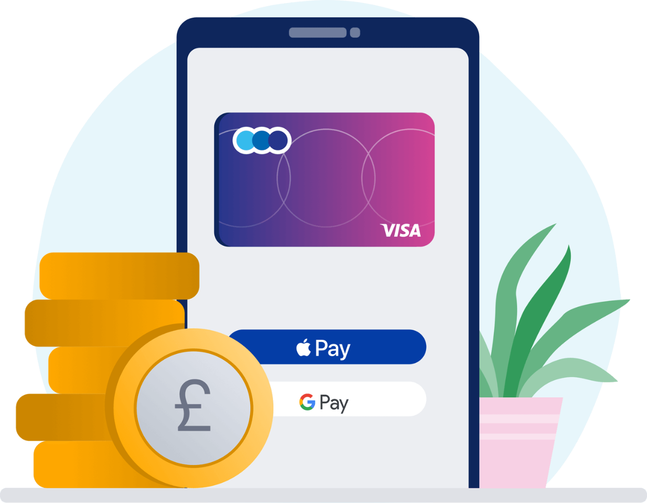 Image of a mobile with the TSB app, a stack of pound coins and a green plant in a brown pot.