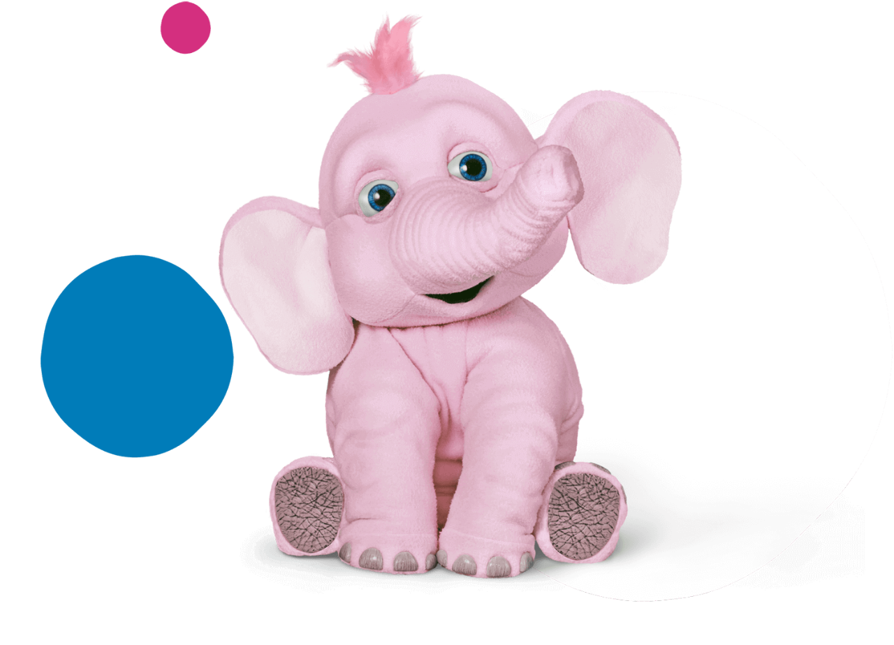 Pink elephant plush sitting in front of white blue and pink irregular circles