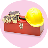Red tool box with yellow hard hat and work gloves placed on top